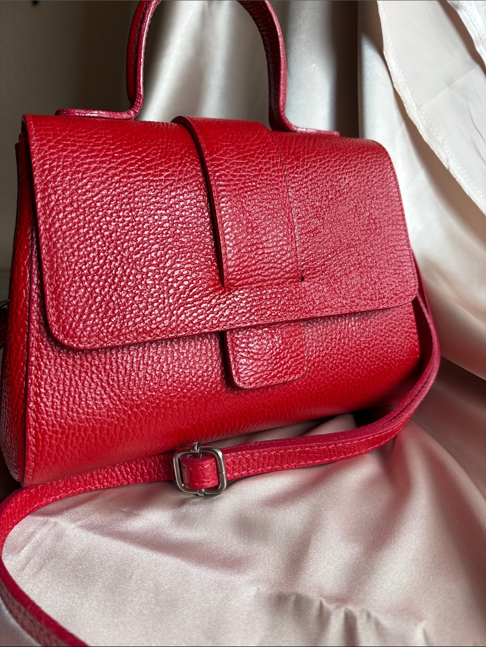 Vera Pelle Red Leather Satchel with Top Handle and Crossbody Strap made in Italy - Picture 9 of 9